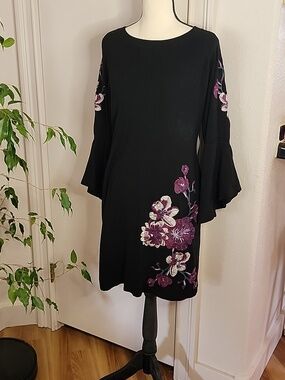 INC Womens Black Sweater Dress W/ Floral Embroidery - Sz L